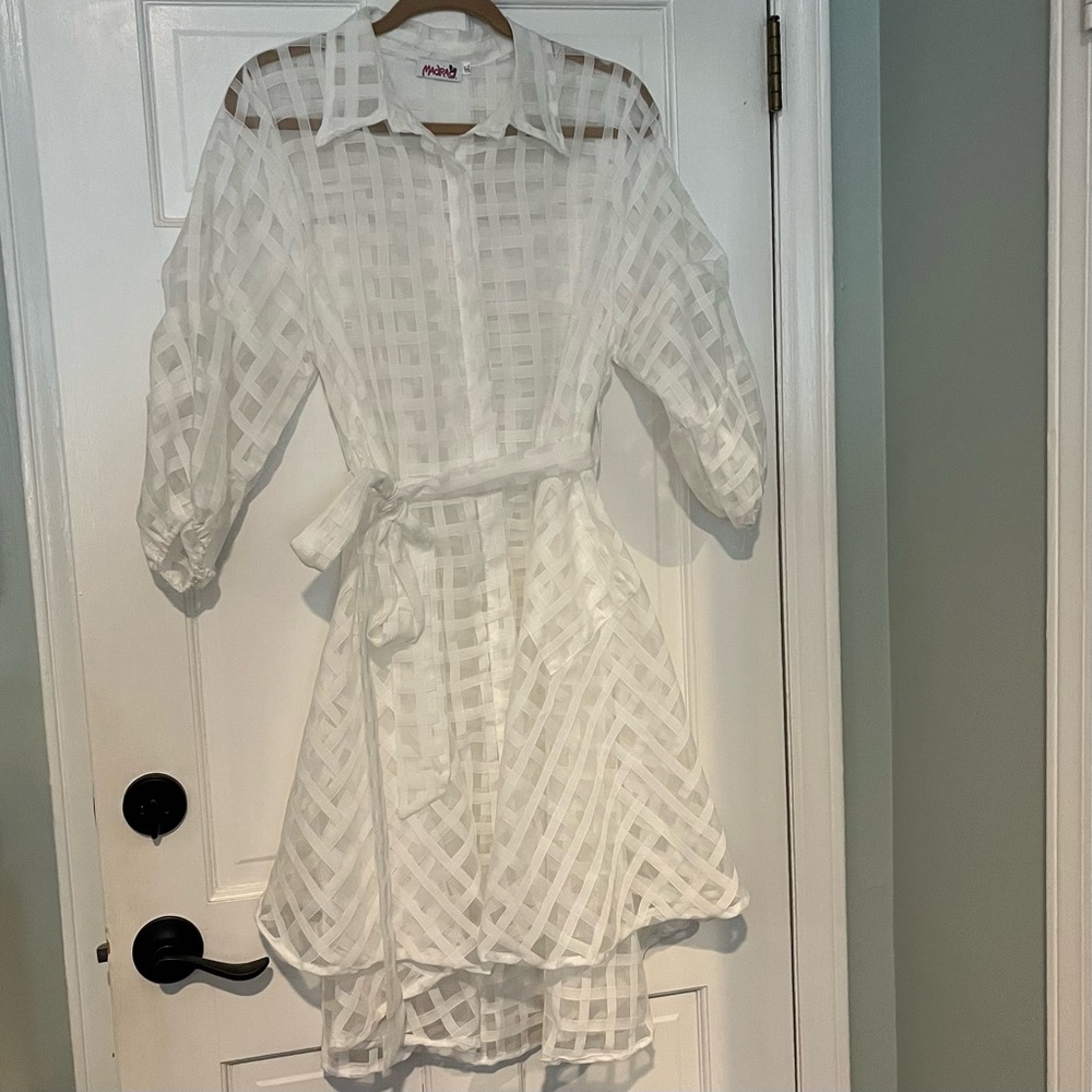 MadRag Sheer White Windowpane Belted Dress or Trench Coat Size 1XL